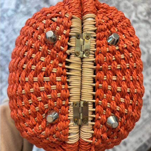 Round Woven Orange Handbag with Tan Handle - Picture 3 of 3
